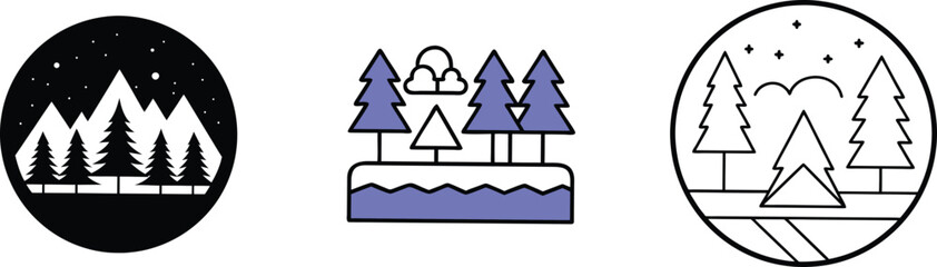 Obraz premium Night Sky, Mountains, Pine Trees, Camping, Nature, Winter, Forest, Icons, Landscape, Scenery