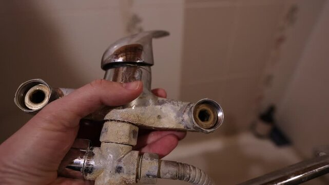 A rusty water faucet. Outdated plumbing. A broken faucet with lime coating.