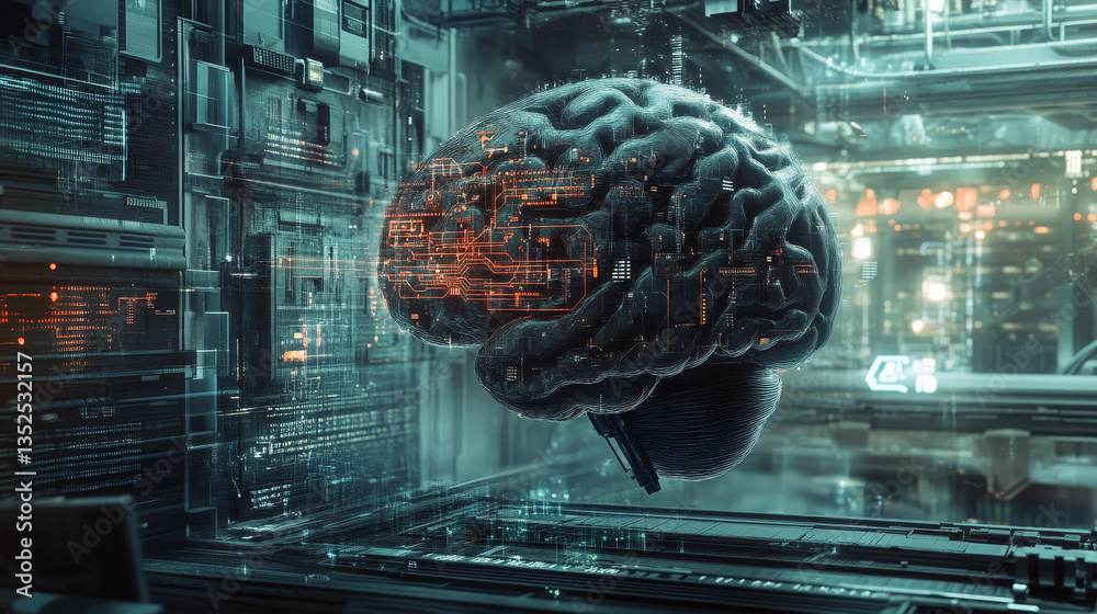 Poster artificial intelligence concept. brain over a circuit board. hud and technology connection data anal