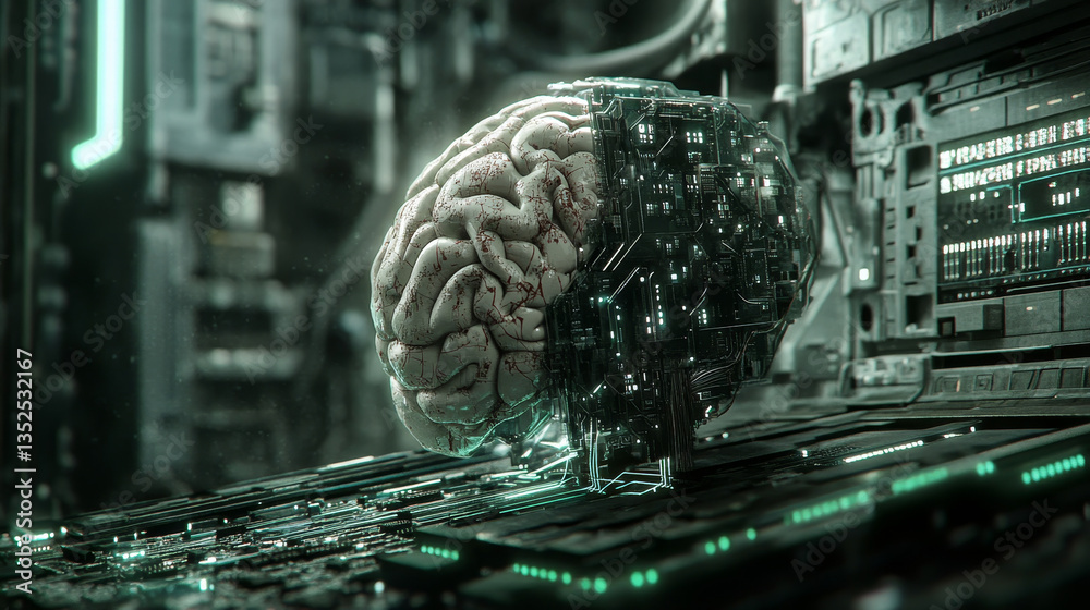 Poster artificial intelligence concept. brain over a circuit board. hud and technology connection data anal