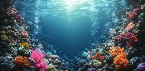 A vibrant and colorful coral reef scene under the ocean water