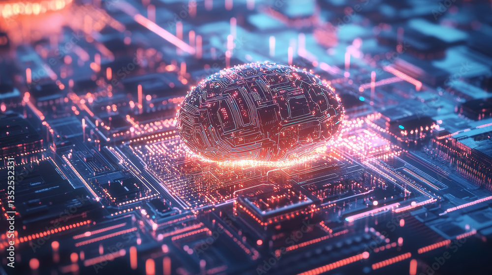 Poster artificial intelligence concept. brain over a circuit board. hud and technology connection data anal