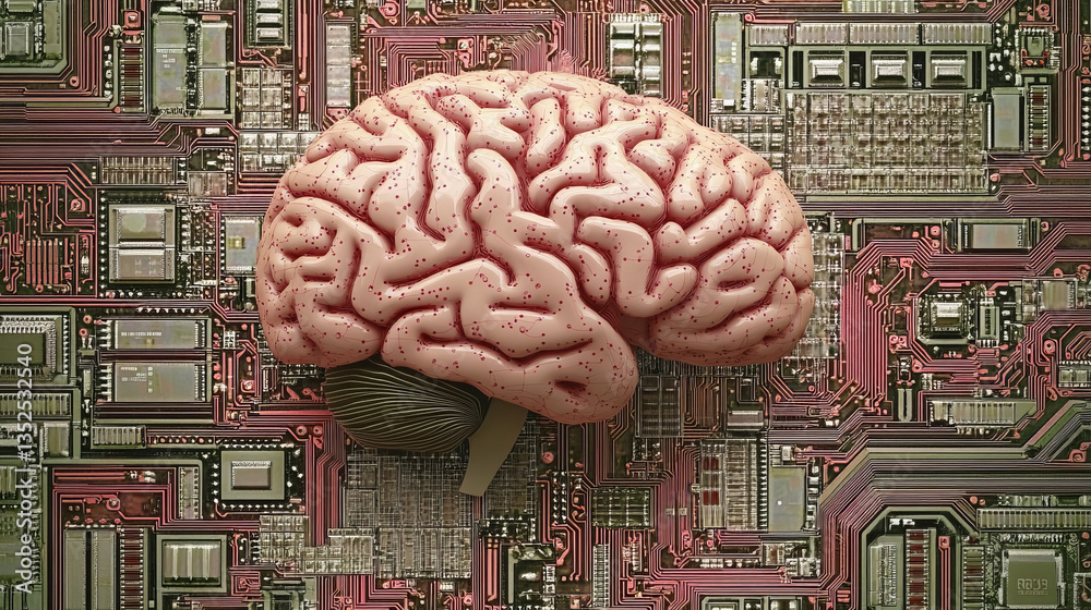 Poster artificial intelligence concept. brain over a circuit board. hud and technology connection data anal