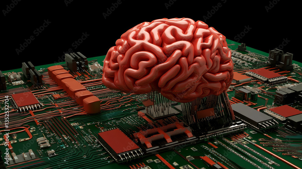 Poster artificial intelligence concept. brain over a circuit board. hud and technology connection data anal
