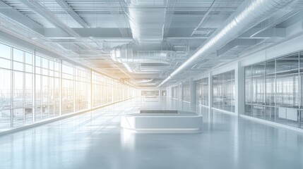 Obraz premium Modern Spacious Office Interior Design with Large Windows and Exposed Ductwork