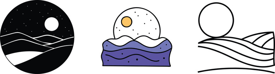 Night Sky, Moon, Sun, Ocean Waves, Hills, Landscape, Minimalist Art Designs