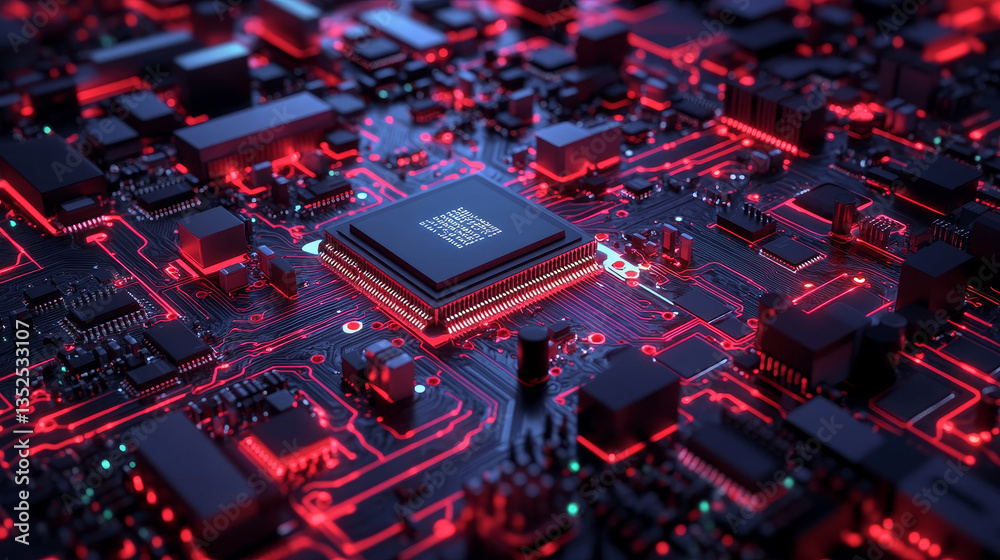 Poster abstract background of an ai chip on digital circuit board, symbolizing advanced artificial intellig