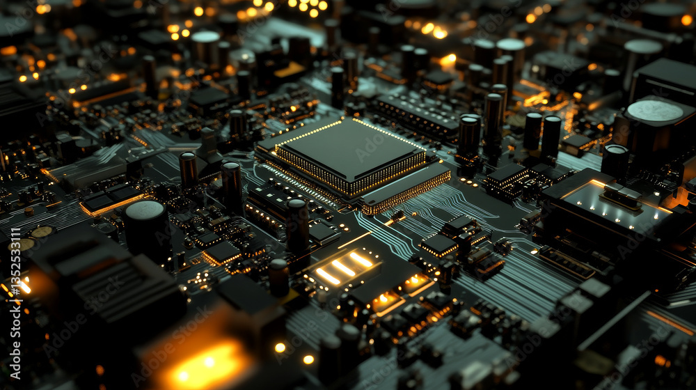 Poster abstract background of an ai chip on digital circuit board, symbolizing advanced artificial intellig