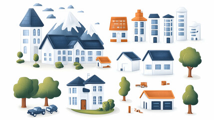 Fototapeta premium Suburban houses, mountain view, city skyline, landscape elements; ideal for real estate brochures