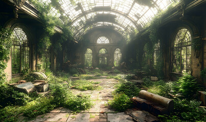 Abandoned greenhouse overtaken by nature, showcasing lush greenery and remnants of old structures