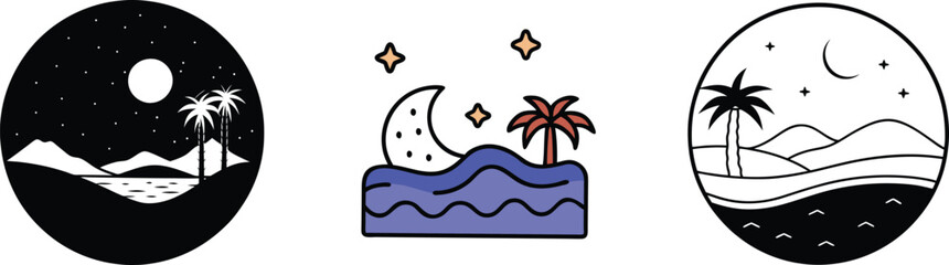 Nighttime Tropical Oasis Moonlit Palm Trees, Ocean Waves, Desert Scenery