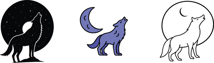 Three Wolves Howling at Night Under Moon and Stars