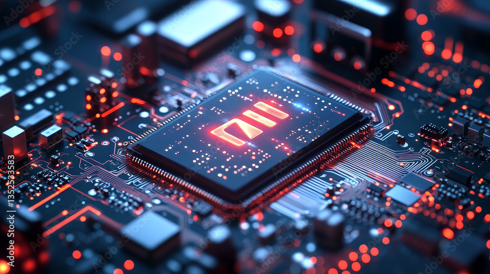 Poster digital 3d render of computer chip over circuit background with ai sign. ai(artificial intelligence)