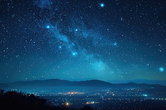 A beautiful view of stars above mountains and city lights