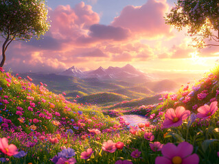Fototapeta premium a vibrant, sunlit meadow with a stream meandering through it. The scene is filled with a variety of colorful flowers and trees, bathed in warm, golden sunlight.