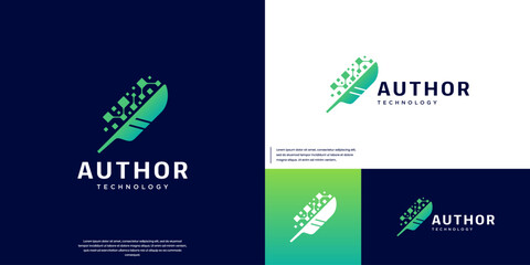 feather logo with pixel concept of future technology, legal symbol, author, vector graphic illustration.