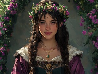 Woman in floral crown smiles near flowers, with long brown braids and jewels