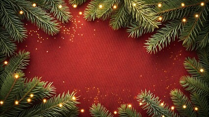 Christmas background with xmas tree and sparkle bokeh lights on red canvas background. Merry Christmas card  Winter holiday theme. Happy New Year
