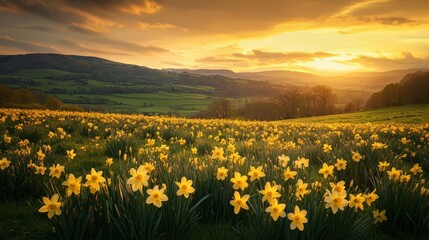 Fototapeta premium a beautiful daffodils field in the mountains 