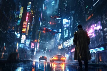 Man stands in futuristic rainy city street.