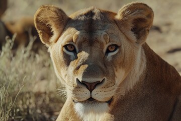 Obraz premium Close-up of a lion resting quietly in the savanna during a warm afternoon