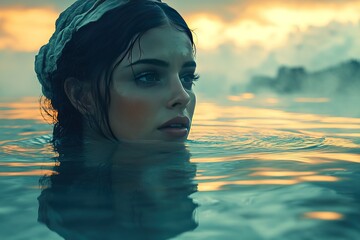 Woman in water gazes outward at sunset, with serene expression