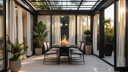 Serene sunlit conservatory bathed in warm light, featuring a minimalist dining setting with elegant neutral tones and lush greenery.