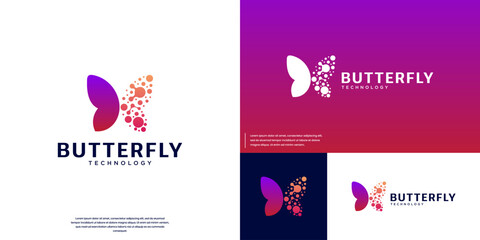butterfly logo with molecular flakes modern technology , connected , digital services , design vector illustration.