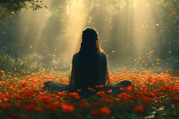 Woman meditating in a serene flower meadow bathed in golden sunlight
