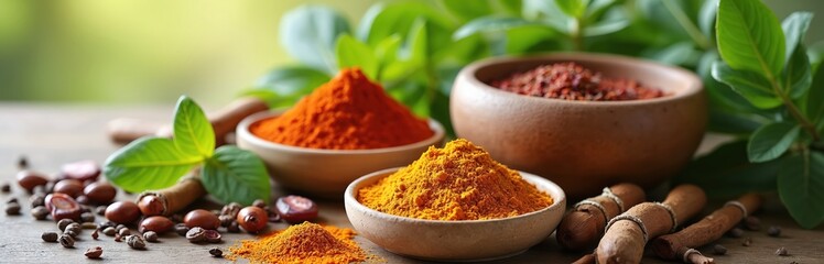 Ayurvedic concept natural organic herbs spices. Turmeric, chili powder, other healthy ingredients in bowls, with plants and wooden background. Holistic medicine, alternative treatment, wellness.