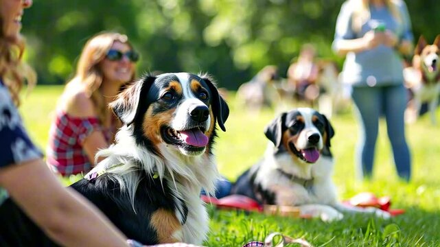 Two happy bernese mountain dogs lying on green grass in sunny park with people relaxing in the background. Friendly summer weekend vibe. Dog party concept.