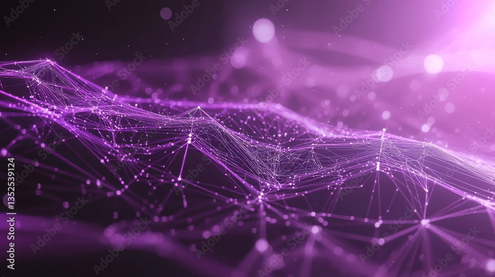 Poster purple color particles wave flowing with lines and dots connection, digital cyberspace is futuristic