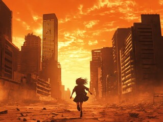 Fototapeta premium Girl runs through desolate orange destroyed city.