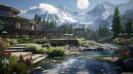 Fototapeta premium A photo of a sustainable mountain resort