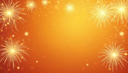 Naklejka premium Vibrant illustration features bright orange backdrop with bursting fireworks. Dynamic scene perfect for celebrations events. Festive abstract design ideal for greeting cards, posters, party