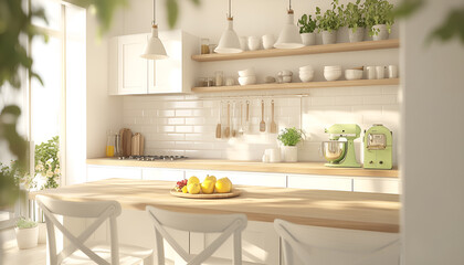 A cozy bright kitchen interior with island countertop, wooden furniture and wall shelves at the background
