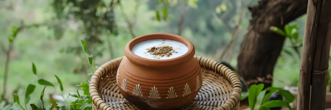Chaas in clay pot with roasted cumin on woven basket &ndash; Ideal for natural lifestyle, rustic content, or traditional Indian beverages.