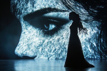 Woman stands before a huge projected eye, gazing off into the ethereal light