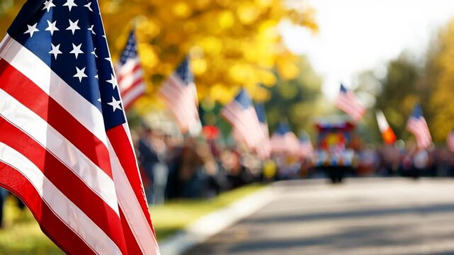 A vibrant Veterans Day parade unfolds under the morning sun, celebrating honor and unity.