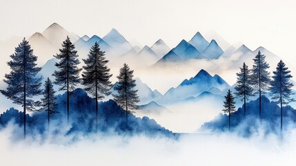 Obraz premium Serene Blue and Gray Mountain Watercolor Landscape