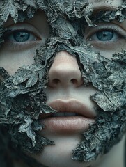 Woman with blue eyes covered in decaying leaves, close-up, detailed texture