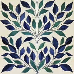 Fototapeta premium Symmetrical blue green leaf pattern on cream