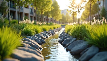 Low-impact development project with sustainable drainage systems. Permeable pavements, eco-friendly design. Urban planning with nature, eco-conscious architecture. Climate change concept,