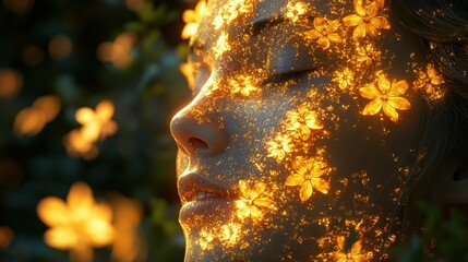 Woman with flowers, eyes closed, peaceful expression, bokeh blurred background