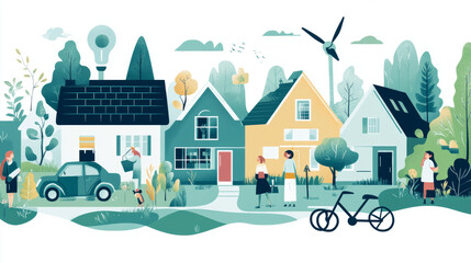 A set of green energy illustrations depicting individuals promoting eco-friendly homes, electric vehicles, and the benefits of a circular economy in a renewable energy context © Mmmdrza