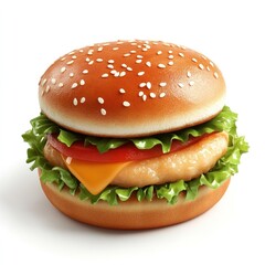 A freshly prepared cheeseburger with a golden sesame studded bun melted cheese a thick beef patty crisp lettuce and a juicy tomato slice   a classic and irresistible fast food favorite