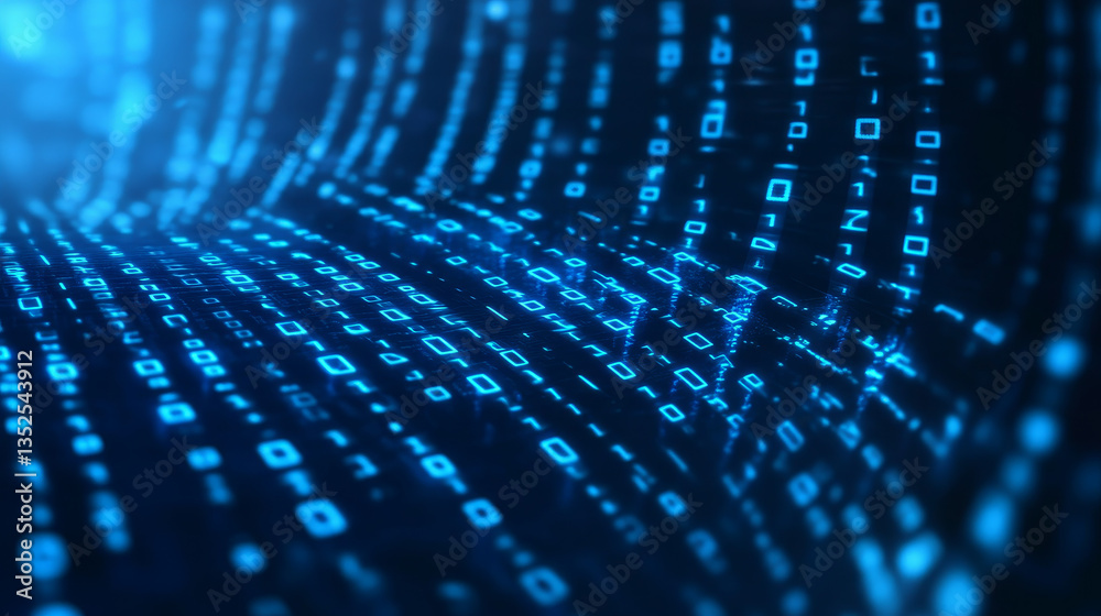 Poster cybersecurity data protection digital technology background has small fractal binary code with dark 