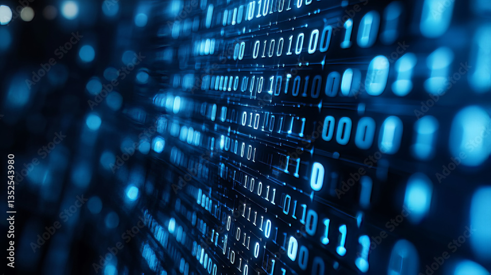 Poster cybersecurity data protection digital technology background has small fractal binary code with dark 
