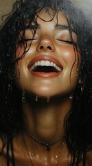 Woman with wet hair, eyes closed, bright smile, water droplets glistening