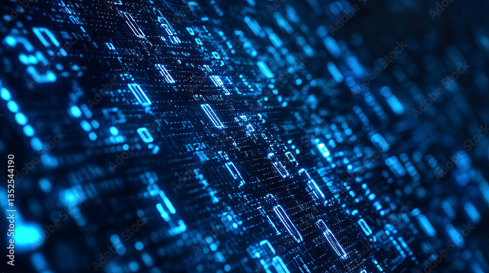 Poster cybersecurity data protection digital technology background has small fractal binary code with dark 